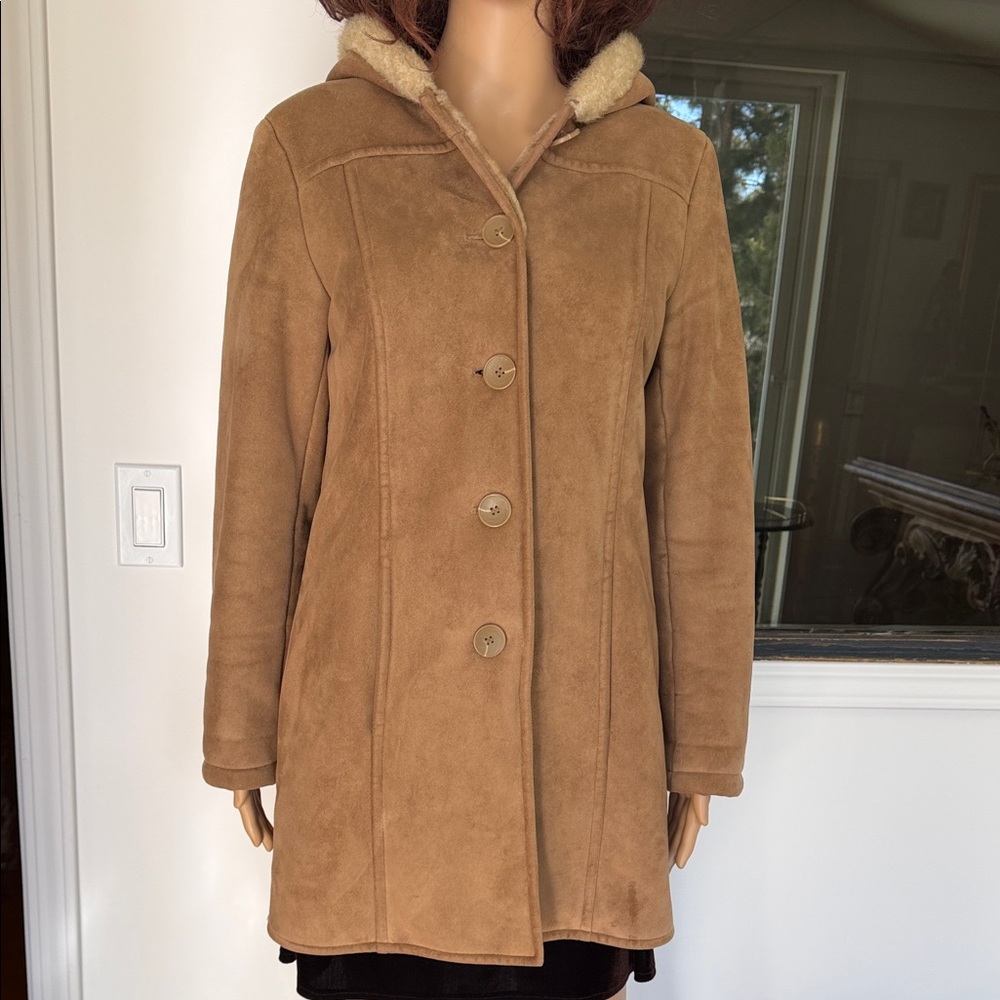 Esprit Women's sz M/L 10/12? Tan Vegan Swede Soft Hooded Coat